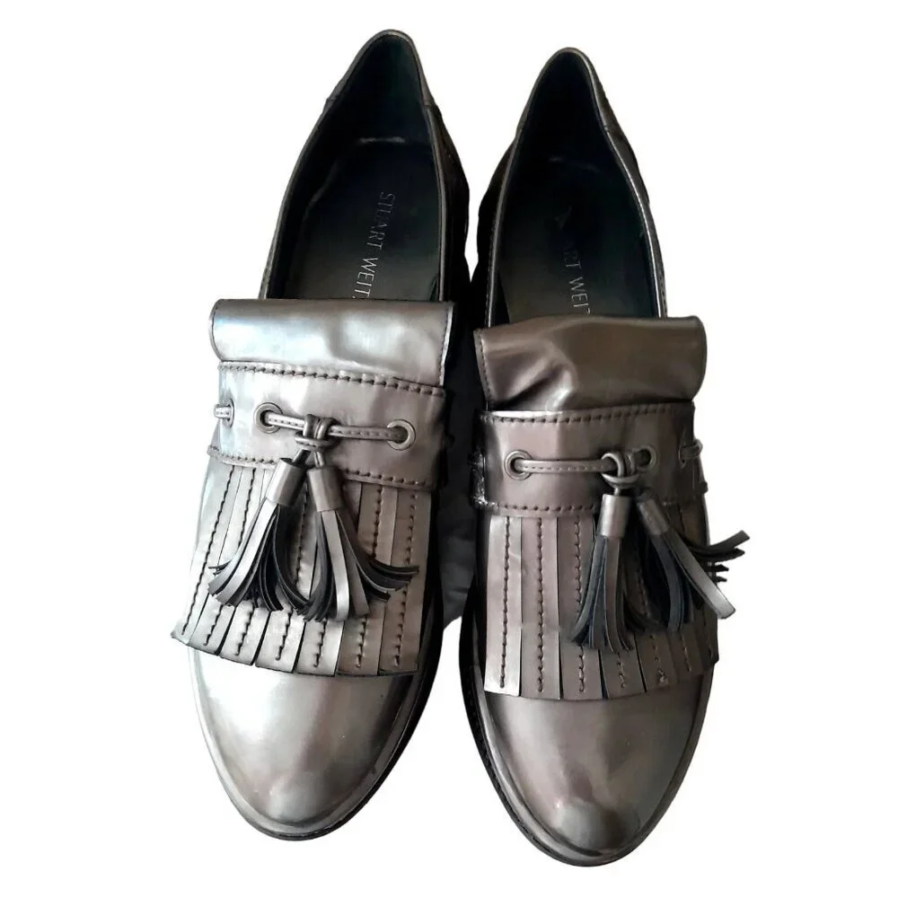 Stuart Weitzman Platform Shoes Preppy Chunky Metallic Gold Loafer Size 9.5M